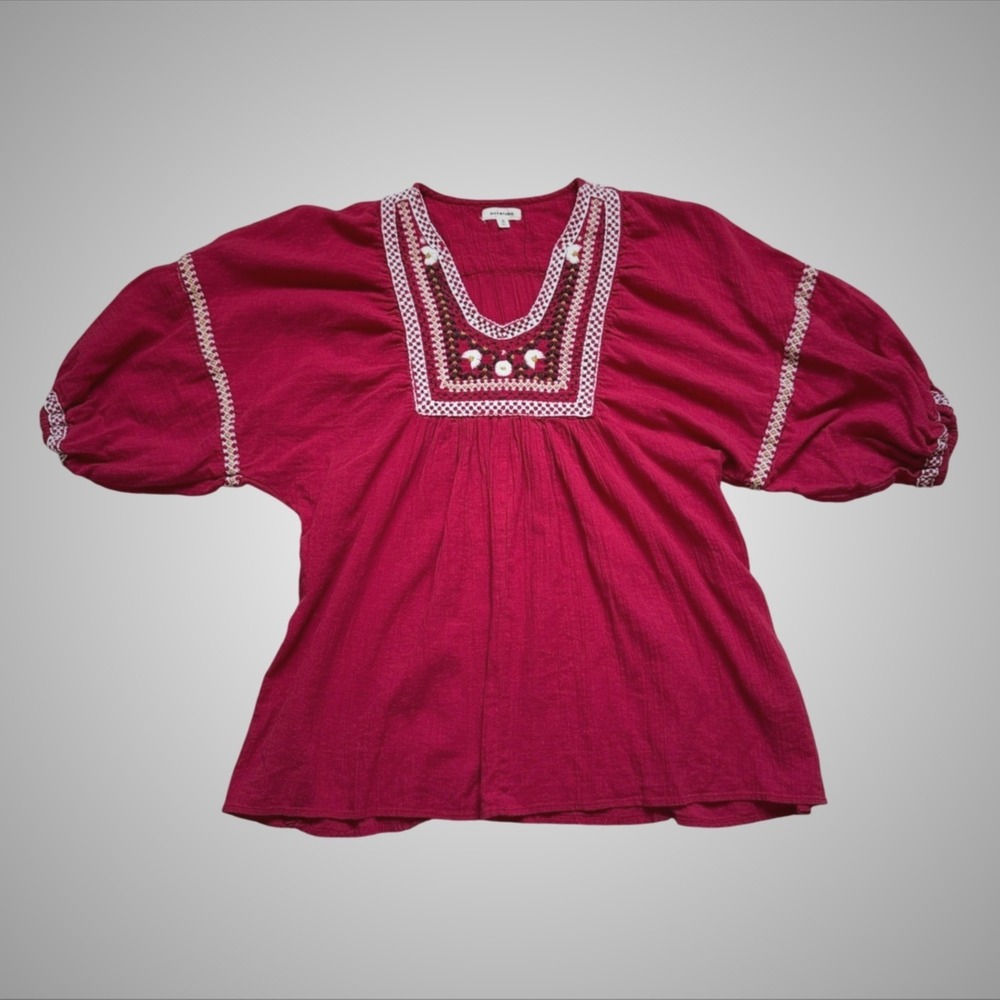 Max Studio Red Cotton Gauze Embroidered Peasant Blouse Boho Puff Sleeve Top M